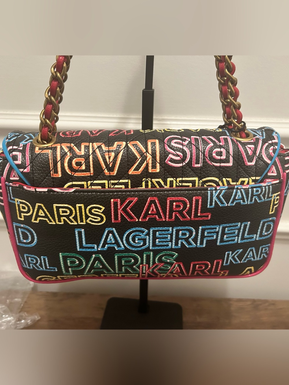 Karl Lagerfeld Black Multicolor Logo Chain Shoulder Bag - Picture 3 of 10